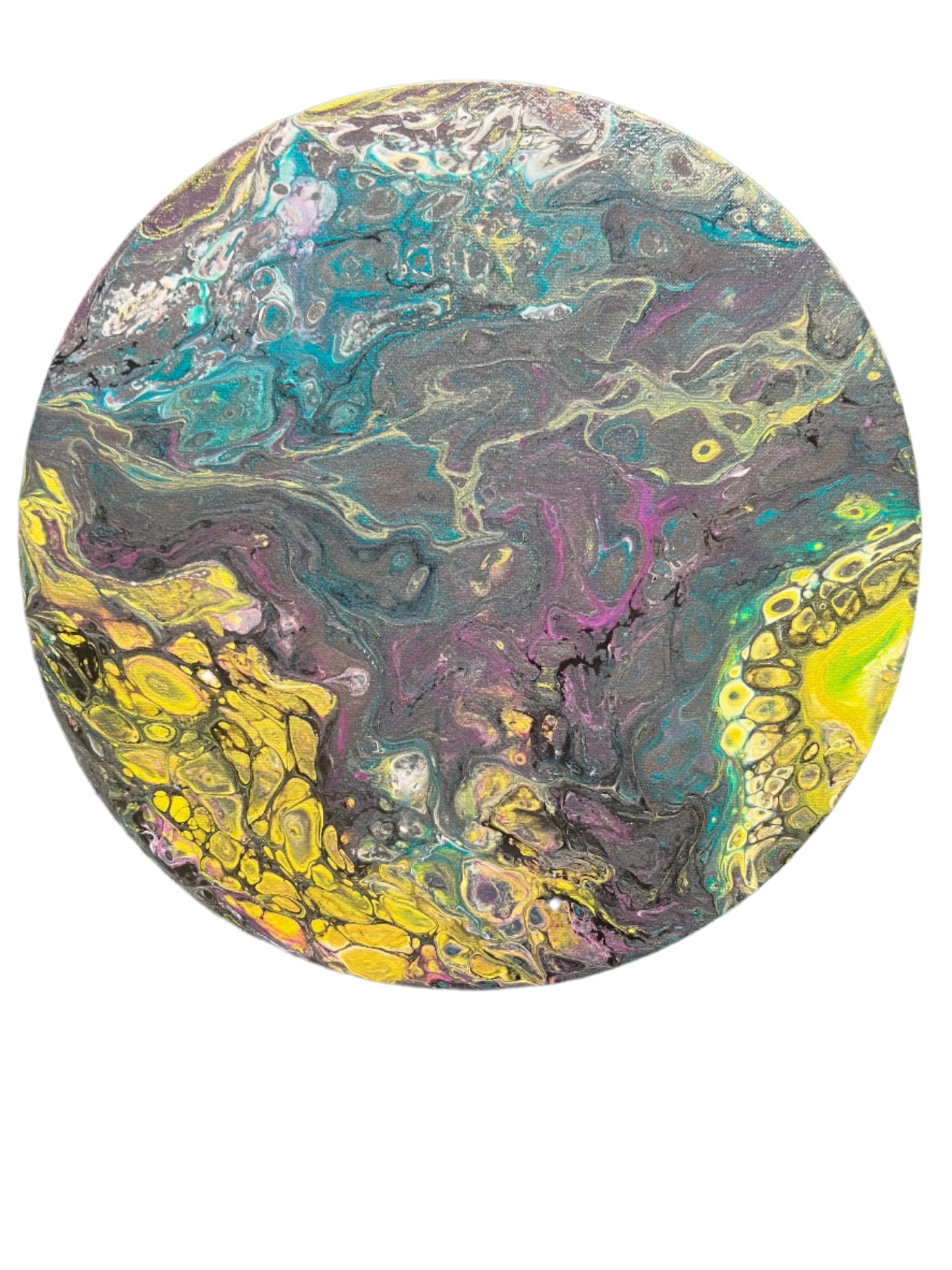 14" Original round open cup metallic acrylic painting