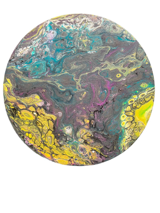 14" Original round open cup metallic acrylic painting