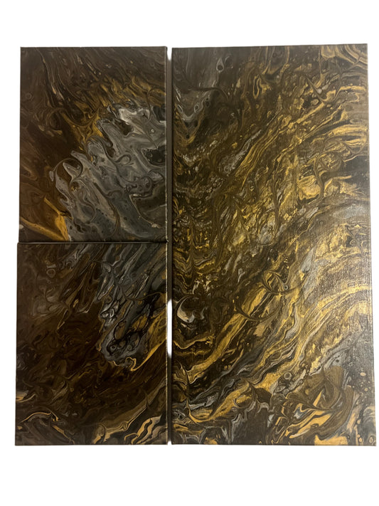 Original black, gold & silver set of 3 - 12x24" Acrylic pour 2 - 9x12" Acrylic pour paintings