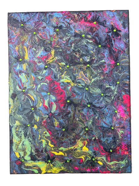 10x30" Neon Blooms Original Acrylic Painting (Holographic glitter & Green diamond stones)